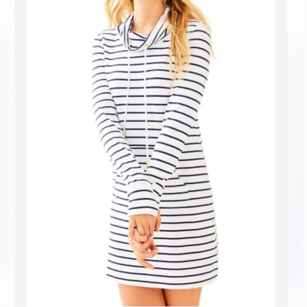 Lilly Pulitzer Hillary Popover Dress in Bright White and Navy Blue sz S